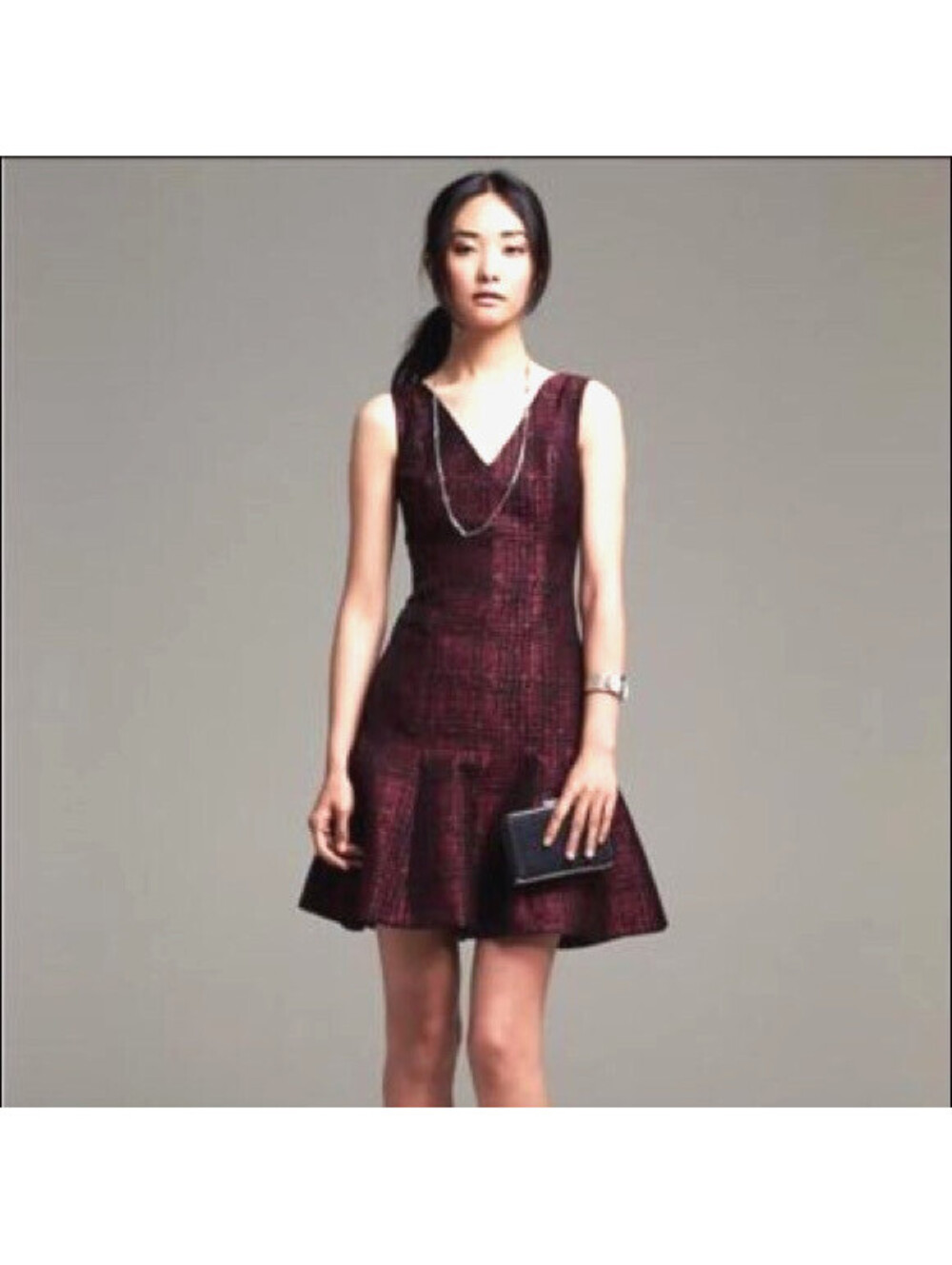 Banana Republic Sleeveless Double Tweed Dress US-10 Burgundy Red Black V-neck